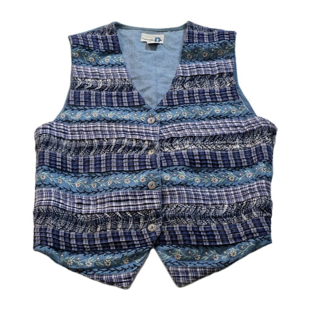 Paul Harris Design Vest Women S Blue Cotton Boho Button Embroidery Patchwork VTG